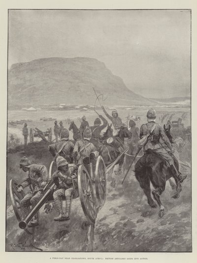 Een veldslag nabij Charlestown, Zuid-Afrika, Britse artillerie gaat in actie door Richard Caton Woodville junior